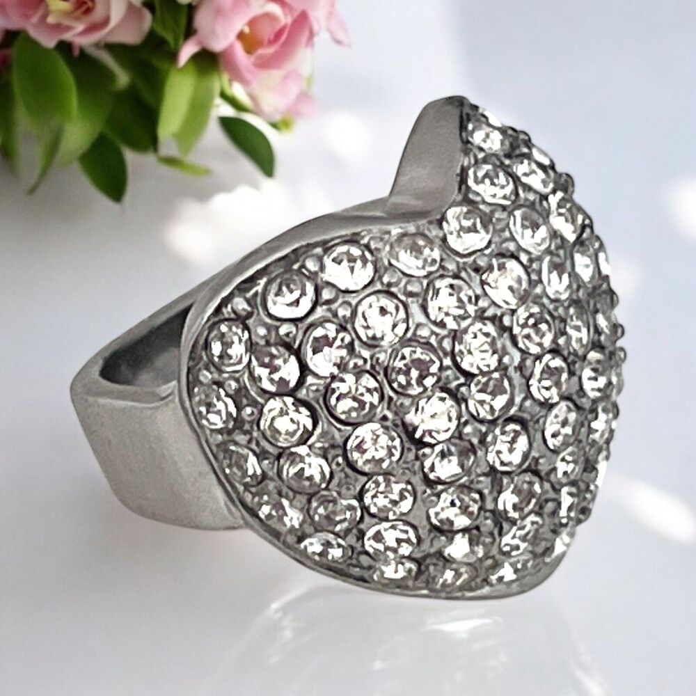 New Silver Tone Heart Ring Pave Crystal Statement Size 4 - 9M